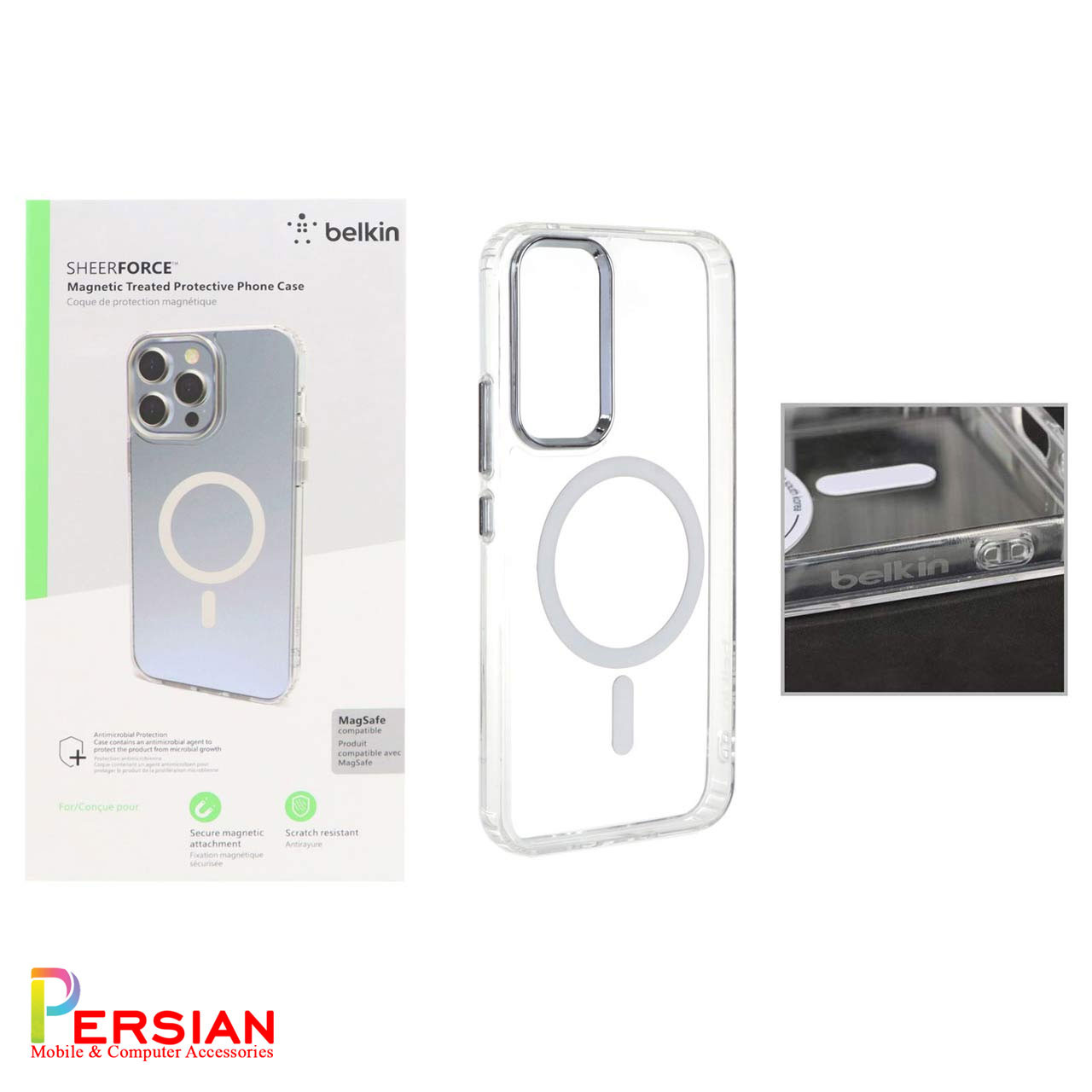 قاب شفاف گوشی سامسونگ A54 برند بلکین با مگ سیف و دکمه و رینگ متال Belkin For Samsung A54
