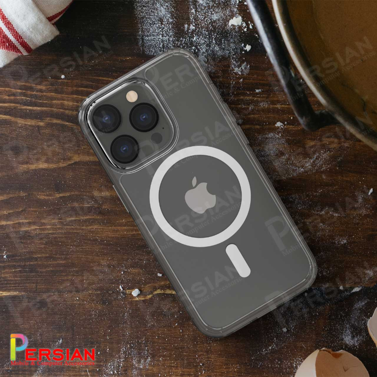 قاب شفاف گوشی آیفون 15 پرومکس برند بلکین با مگ سیف و دکمه و رینگ متال Belkin For IPhone 15 Pro Max
