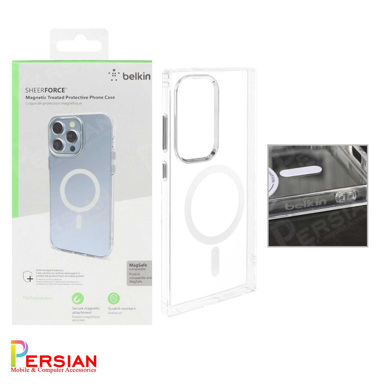 قاب شفاف گوشی سامسونگ S23 FE برند بلکین با مگ سیف و دکمه و رینگ متال Belkin For Samsung S23 FE