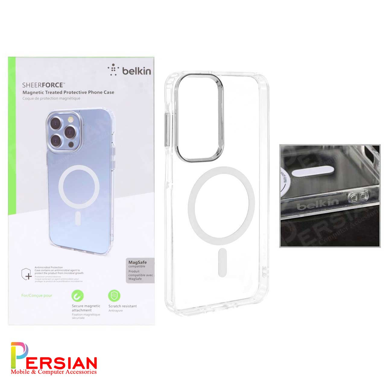 قاب شفاف گوشی سامسونگ S21 الترا برند بلکین با مگ سیف و دکمه و رینگ متال Belkin For Samsung S21 Ultra
